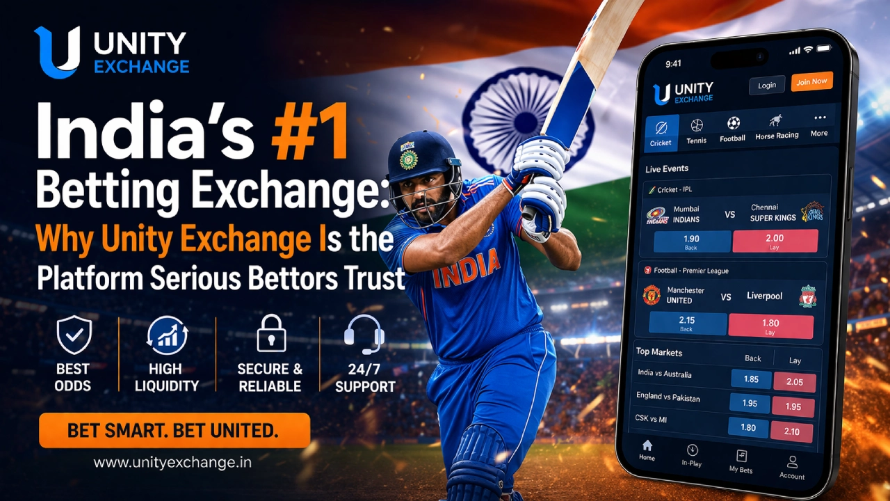 Unity Exchange India betting exchange banner with cricket player, mobile app interface, and live odds showcasing sports betting platform