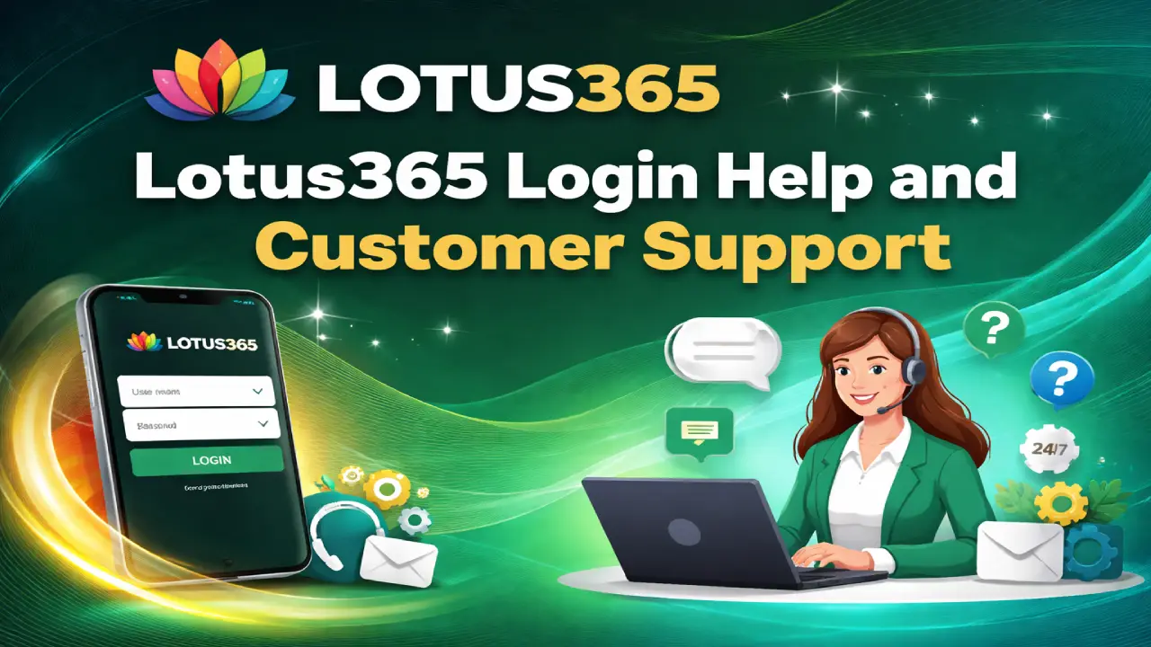 Lotus365 login help banner showing mobile login screen and customer support agent for account access assistance and troubleshooting
