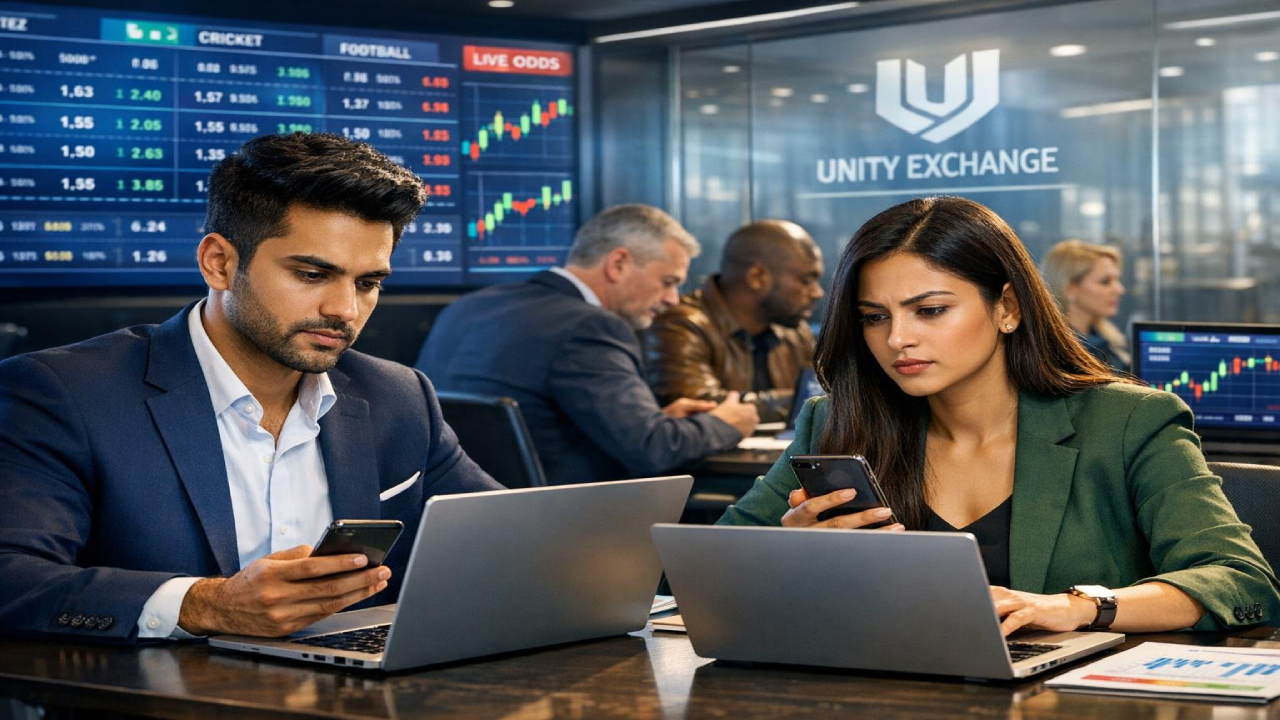 Professional bettors analyzing live odds on Unity Exchange platform using laptops and smartphones in a modern trading environment