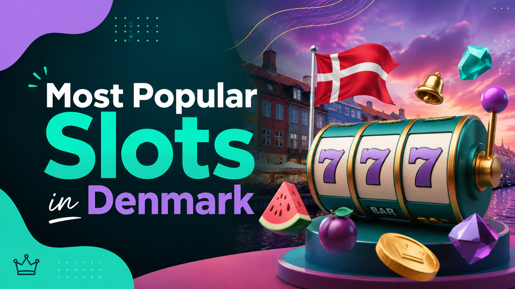 Colorful 3D slot machine with 777 symbols, Danish flag, casino coins, gems, and fruit against a modern Copenhagen-inspired background representing the most popular online slots in Denmark.