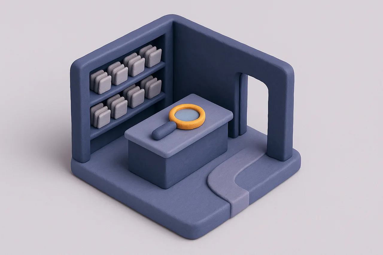 Clay diorama of a small building with record shelves, a search counter and an exit path, representing how FreePeopleSearch.com approaches people search