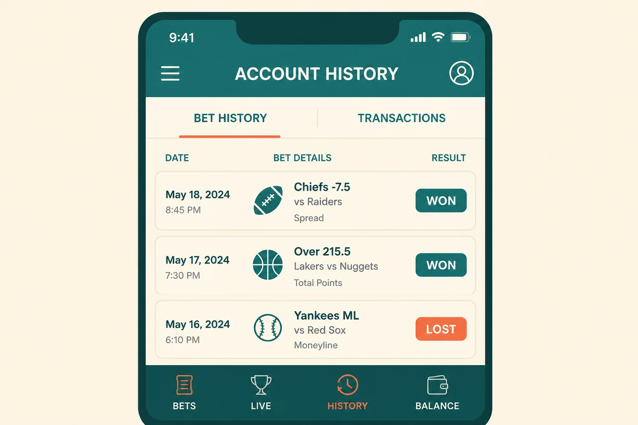 Account history screen on a sports betting phone app