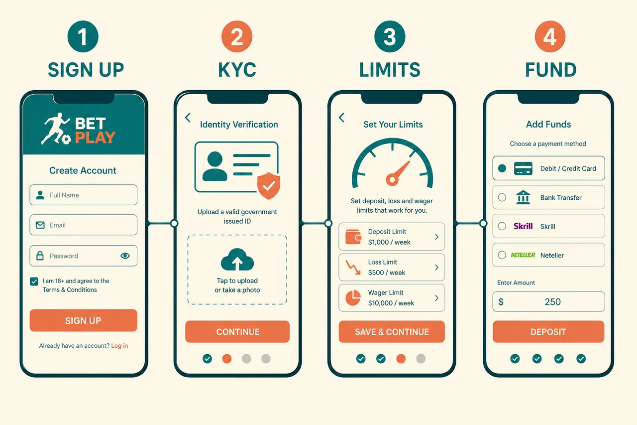 Account signup flow for a sports betting site with four stacked phone screens