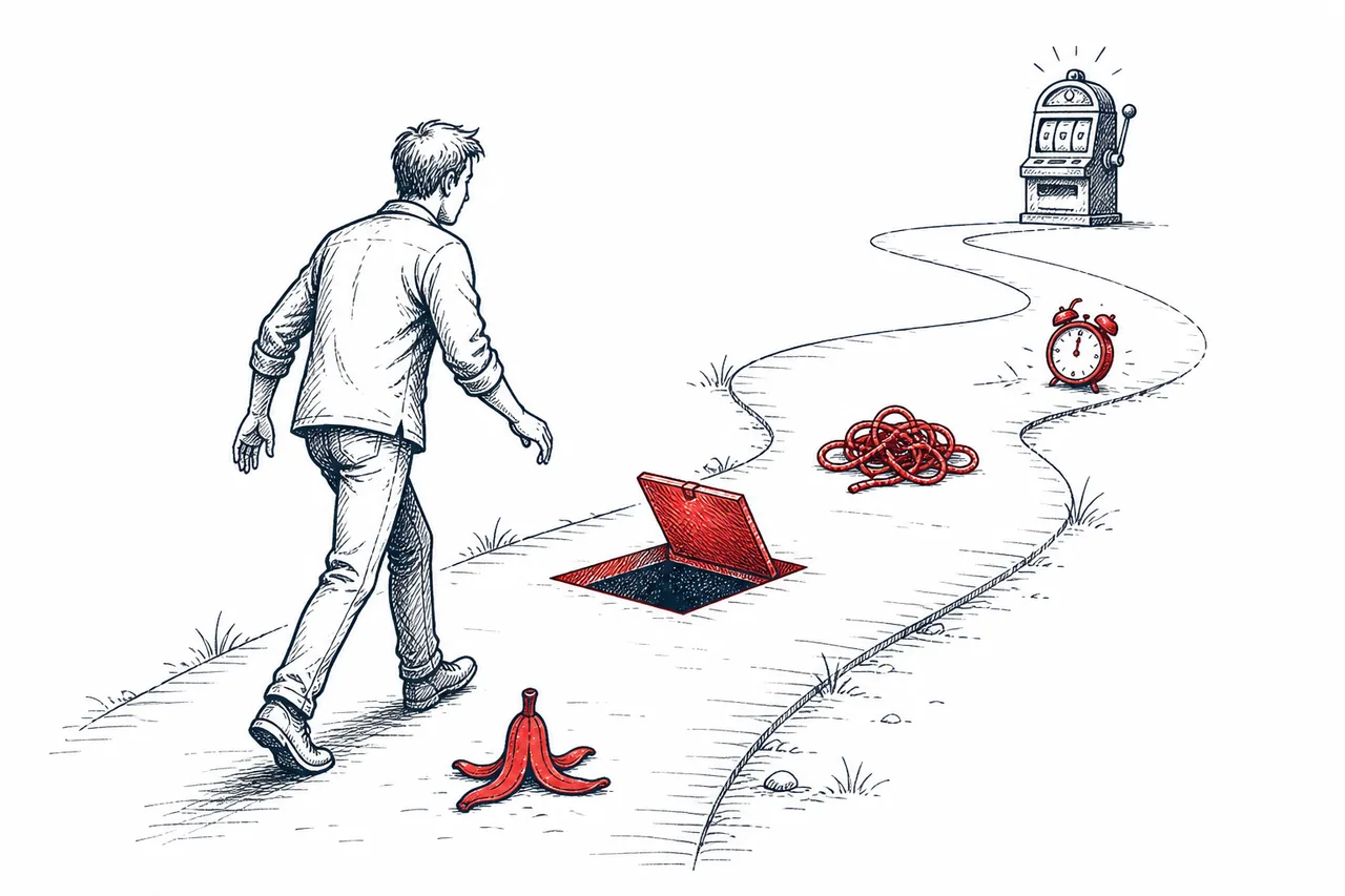 Ink drawing of a player avoiding pokies bonus mistakes on a path