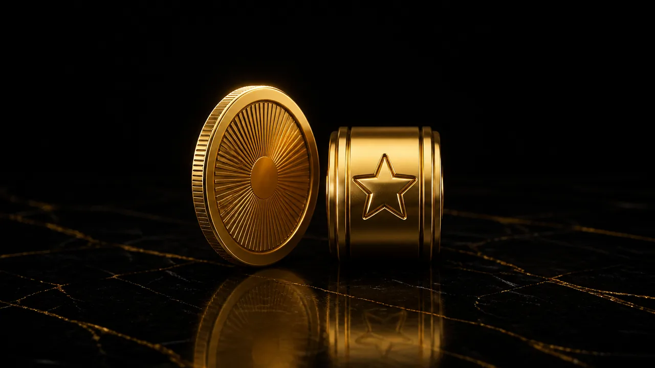 Gold coin and star reel on marble for starting with pokies bonuses